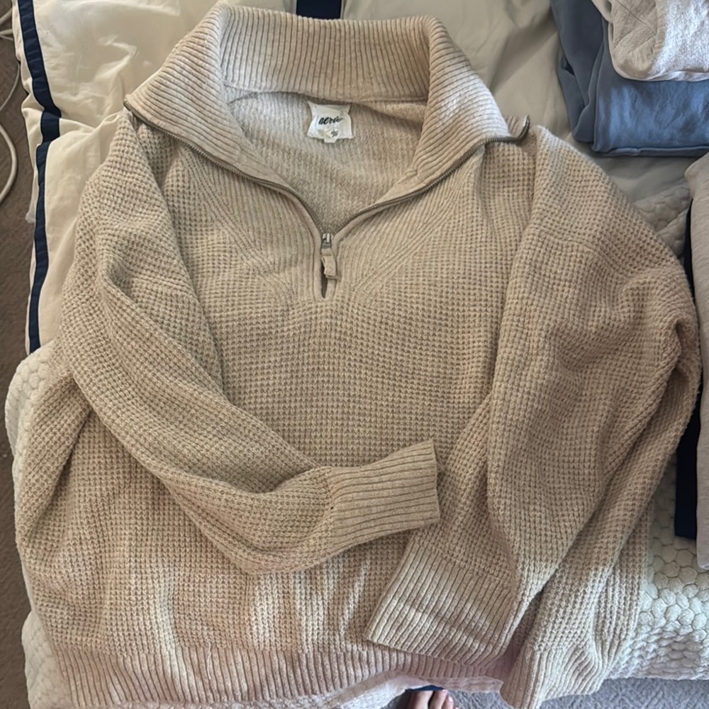 Aerie Cozy Crew Neck Sweater in Soft Beige